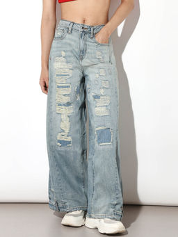 ONLY - Womens Solid Loose Fit High-Rise Blue Jeans