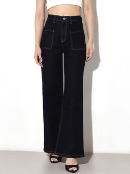 ONLY - Womens Solid Wide Leg High-Rise Navy Blue Jeans