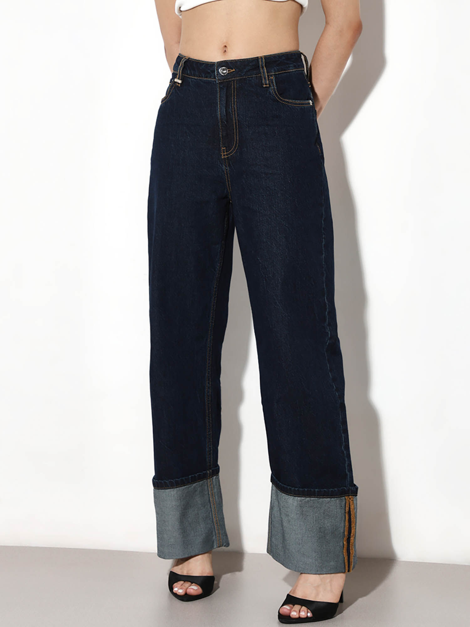 only Womens Solid Straight Fit Mid-Rise Blue Jeans-picture-36