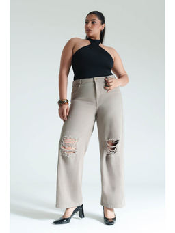 FREAKINS - Women Curve Solid Beige Distress Wide Jeans