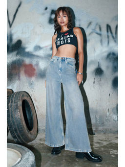 FREAKINS - Women Fog Wash Blue Solid Wide Jeans