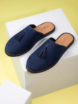 Styli - Men Faux Suede Navy Blue Mules with Tassel Detail