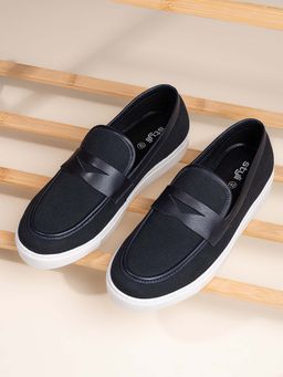 Styli - Men Casual Slip On Black Loafers with Faux Leather Details
