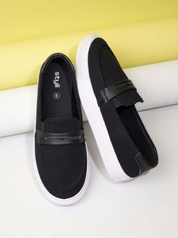 Styli - Men Casual Slip On Black Loafers with Faux Leather Details
