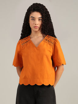 VERO MODA - Orange V-Neck Cotton Top