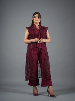 CLASYY - Wine Collared Vest Co-Ord Set