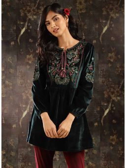 Lakshita - Women Green Velvet Tunic with Threadwork and Tassels