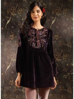 Lakshita - Women Purple Velvet Tunic with Threadwork and Tassels