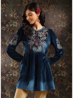 Lakshita - Women Navy Blue Velvet Tunic with Threadwork and Tassels