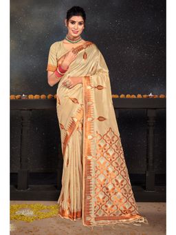 Sangam Prints - Cream Silk Woven Zari Work Traditional Tassel Saree with Unstitched Blouse