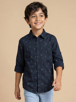 Allen Solly - Boys Navy Blue Slim Fit Print Casual Shirt