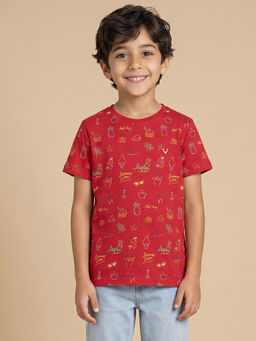Allen Solly - Boys Red Regular Fit Print Crew Neck T-Shirt