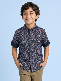 Allen Solly - Boys Navy Blue Slim Fit Print Casual Shirt