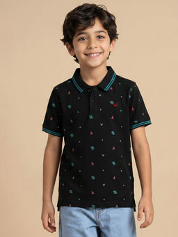Allen Solly - Boys Black Printed Polo Neck T-shirt