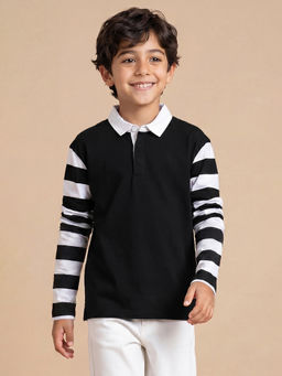 Allen Solly - Boys Black Stripes Polo Neck T-shirt