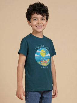 Allen Solly - Boys Teal Graphic Print Crew Neck T-shirt
