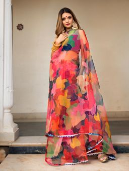 POMCHA - Multi-Color Organza Printed Saree With Unstitched Blouse