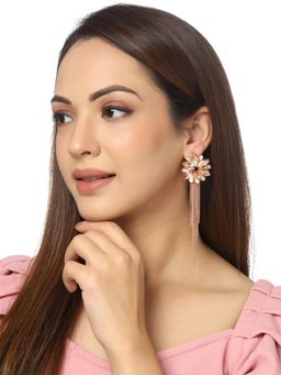 Yellow Chimes - Floral Shaped Crystal Peach Long Chain Dangler Earrings