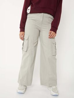 max - Girls Grey Solid Wide Leg Cargo Trousers