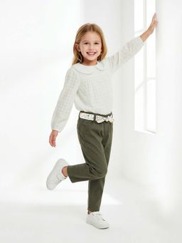 max - Girls Green Solid Trousers with Belt