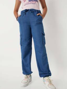 max - Girls Blue Solid Relaxed Fit Cargo Joggers