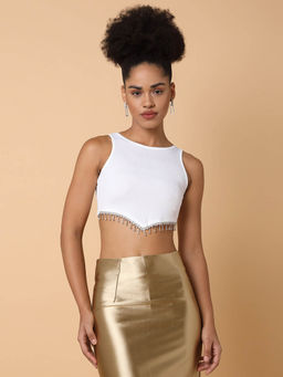 SHOWOFF - Womens Round Neck Solid White Crop Top