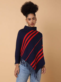 SHOWOFFFF - Womens Striped Navy Blue Longline Poncho