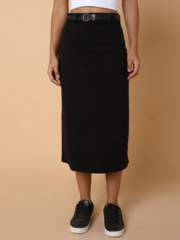 SHOWOFF - Womens Solid Black Straight Midi Skirt with Belt (Set of 2)