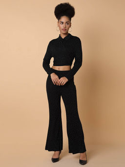 SHOWOFF - Womens Embellished Collared Black Top and Trousers Set (Set of 2)