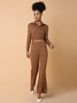 SHOWOFF - Womens Embellished Collared Brown Top and Trousers Set (Set of 2)