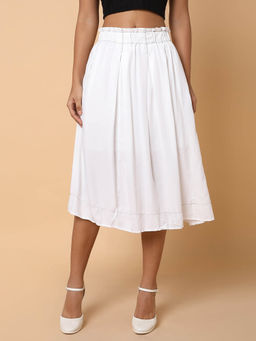 SHOWOFF - Womens Solid White Flared Knee Length Skirt