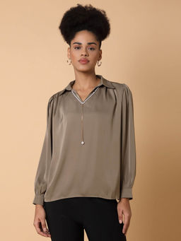SHOWOFF - Womens Shirt Collar Solid Olive Top with Neck Chain (Set of 2)