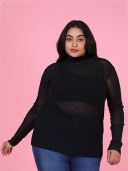 SHOWOFFFF - Womens Solid Black Sheer Top