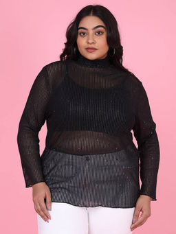SHOWOFFFF - Womens Self Design Black Sheer Top