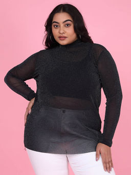 SHOWOFF - Womens Solid Black Sheer Top