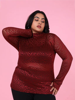 SHOWOFF - Womens Printed Maroon Sheer Top
