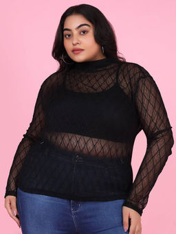 SHOWOFFFF - Womens Solid Black Sheer Top