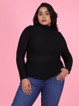 SHOWOFF - Womens Embellished/Sequined Solid Black Top