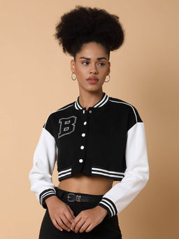SHOWOFFFF - Womens Black Crop Varsity Jacket