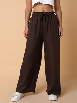 SHOWOFF - Womens Flat Front Solid Brown Pant