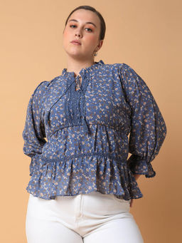 SHOWOFF - Womens Floral Empire Blue Top