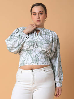 SHOWOFFFF - Womens Abstract Blouson Sea Green Smocking Top