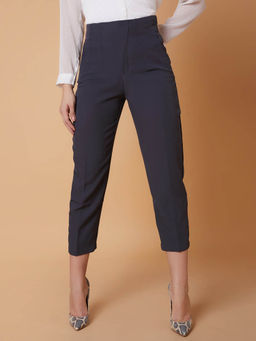 SHOWOFF - Womens Pleated Solid Grey Formal Trousers