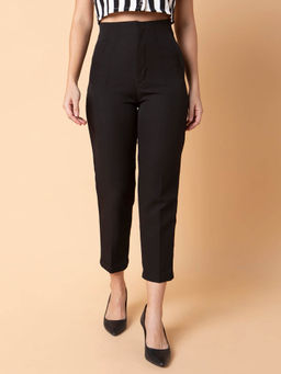 SHOWOFFFF - Womens Pleated Solid Black Formal Trousers