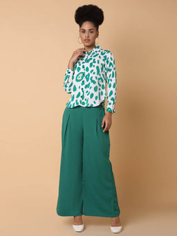 SHOWOFF - Womens Printed Collared Green Shirt and Palazzos Set (Set of 2)