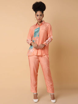 SHOWOFF - Womens Printed Collared Peach Shirt and Trousers Set (Set of 2)