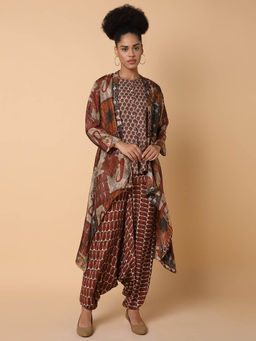 SHOWOFF - Womens Printed Round Neck Brown Top and Salwar Set with Shrug (Set of 3)