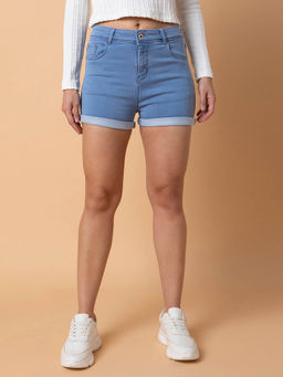 SHOWOFF - Womens Slim Fit Solid Blue Denim Shorts