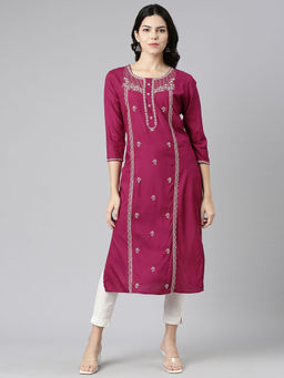 NEERU'S - Magenta Regular Straight Embroidered Kurta