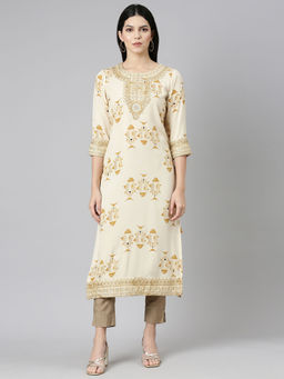 NEERU'S - Cream Regular Straight Printed Kurta